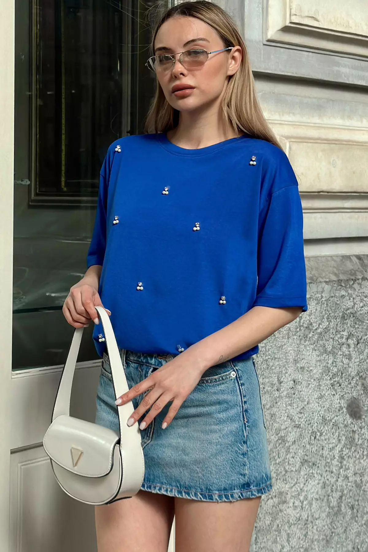 Oversize Pearl & Stone Embroidered T-Shirt