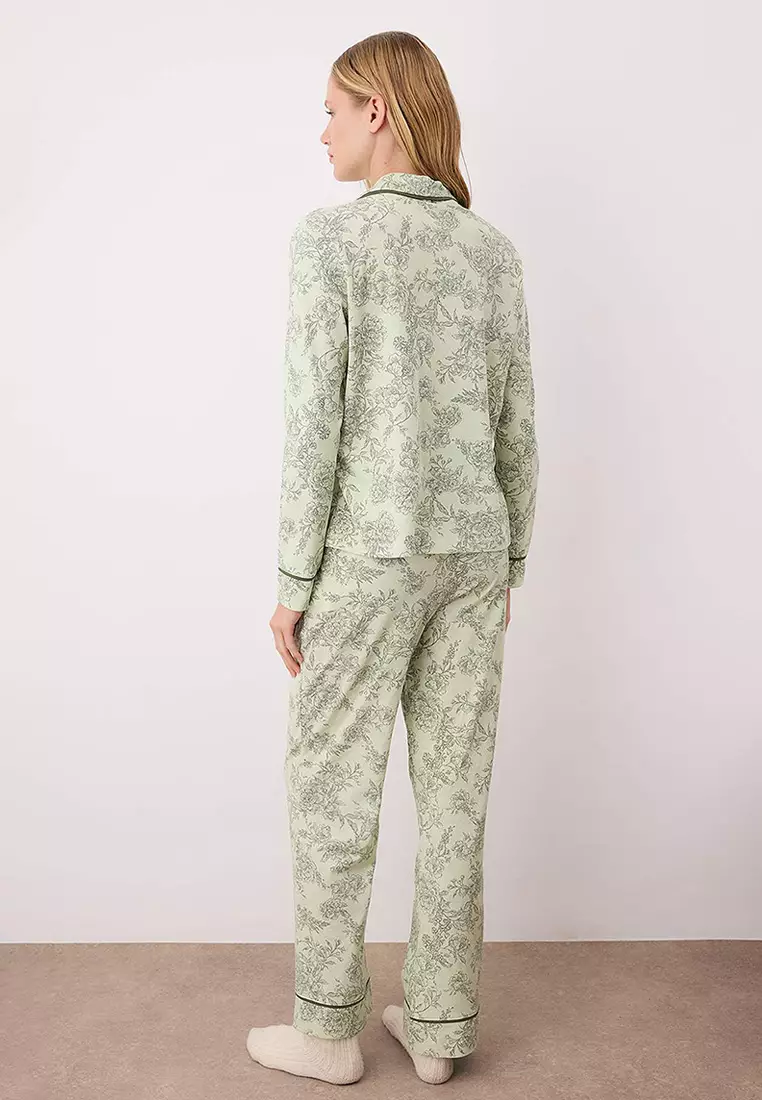 Floral Shirt Collar Knitted Pajama Set