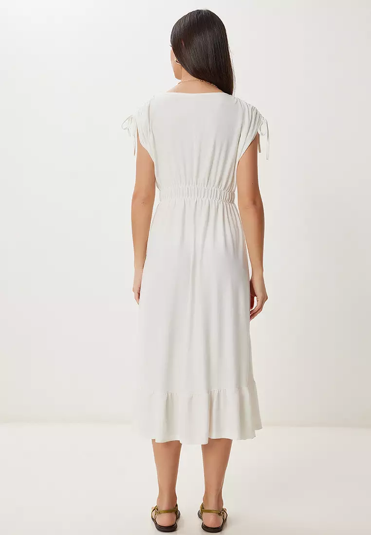 Women's Ecru Flounced Summer Midi Crinkle Knitted Dress Zv00333