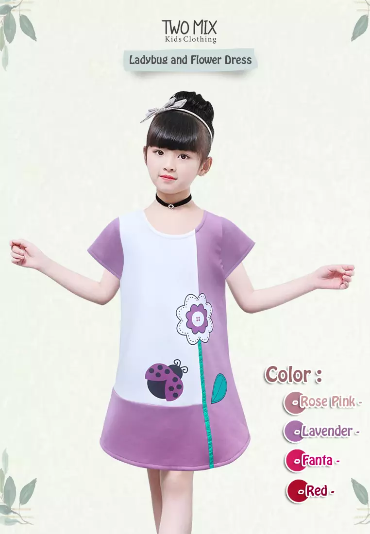 Two Mix Dress Anak Perempuan - Baju Anak Fashion Motif Bunga 4093 Lavender