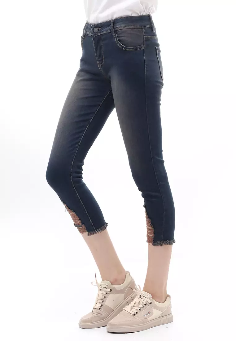 Celana Jeans 7/9 Motif Washed Bawahan Wanita Premium Quality - Brown Maddie