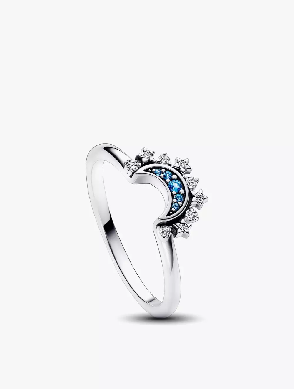 Celestial moon sterling silver ring with night blue crystal and clear cubic zirconia