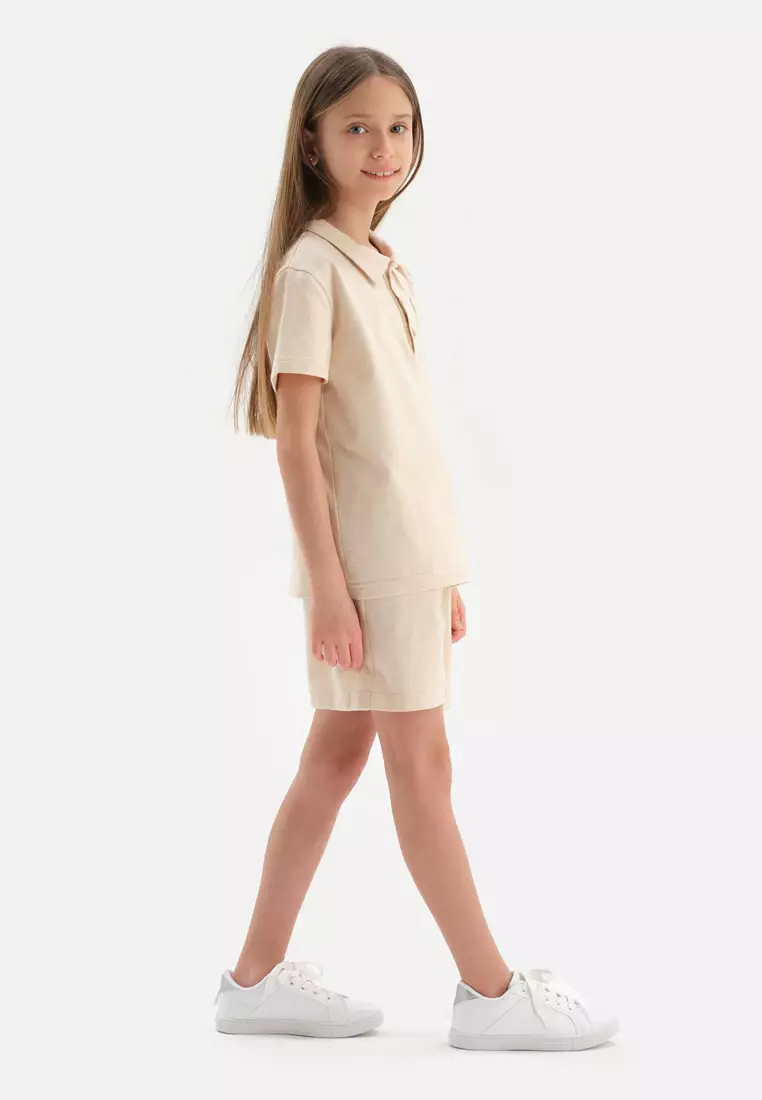 Beige Tshirts, Polo Neck, Regular, Short Sleeve Loungewear for Girls