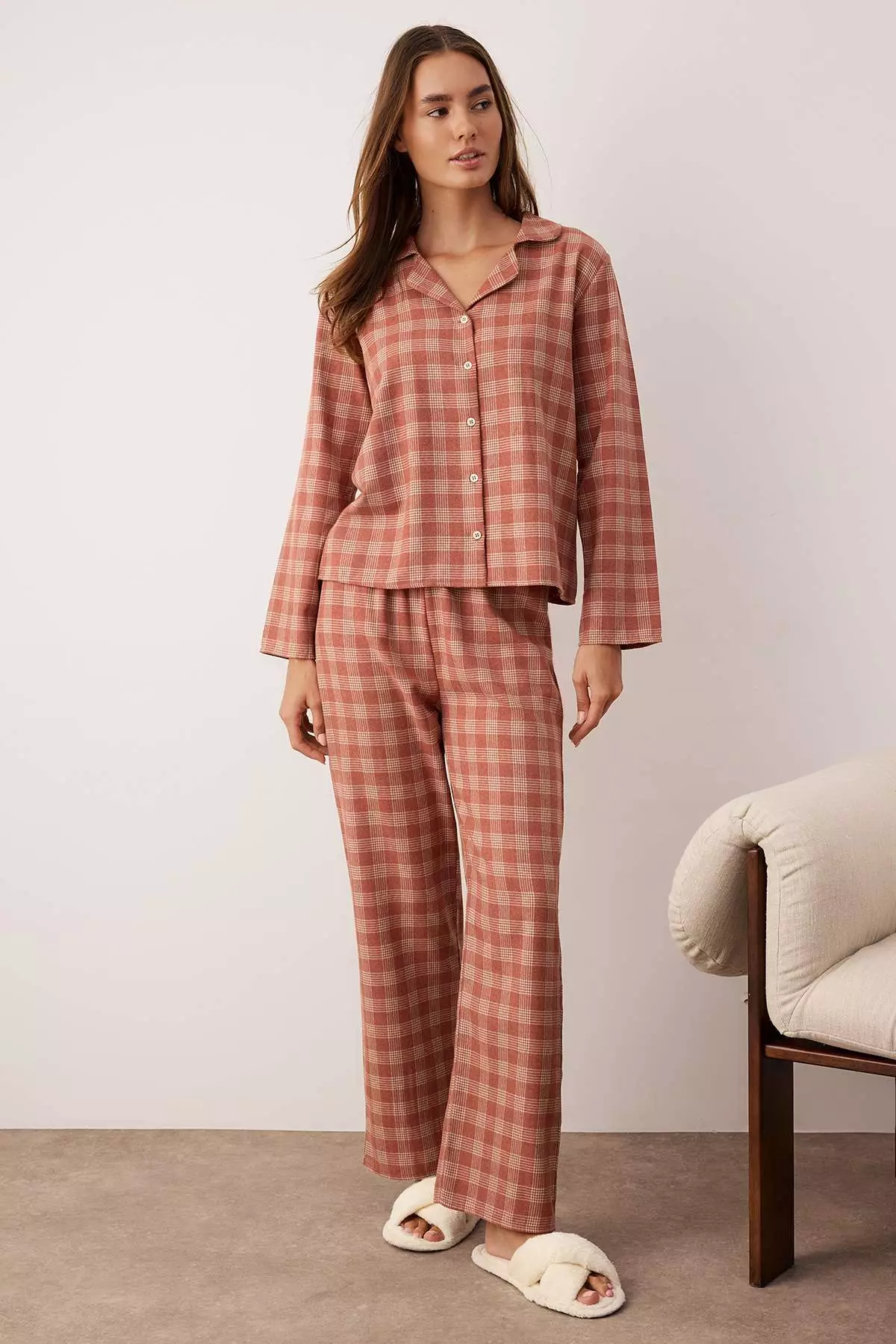 Dusty Rose Cotton Thick/Winter Plaid Flannel Woven Pajama Set Thmaw26Pt196