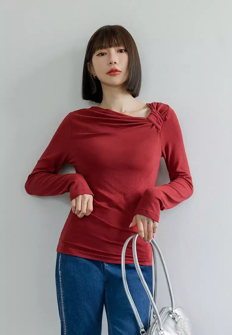 Solid Fit Long-Sleeve Top with Gathered Waist and Ruched Neckline [AB19958]