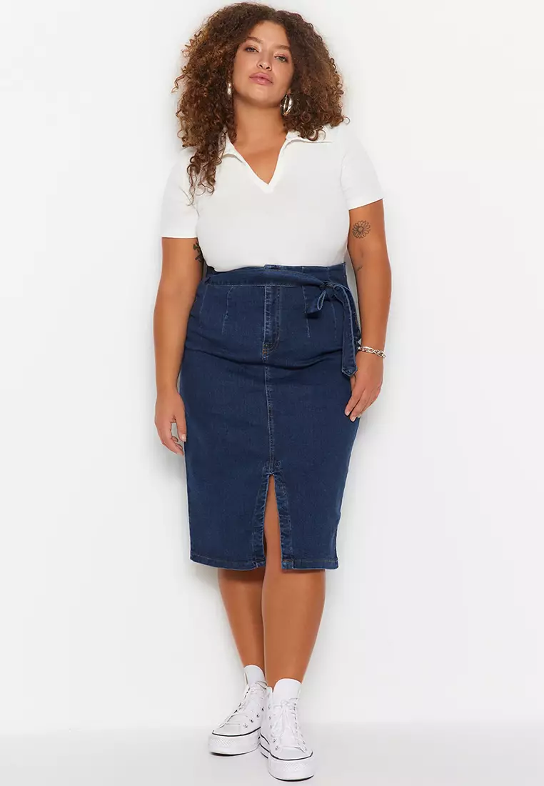 Plus Size High Waist Slit Denim Midi Skirt