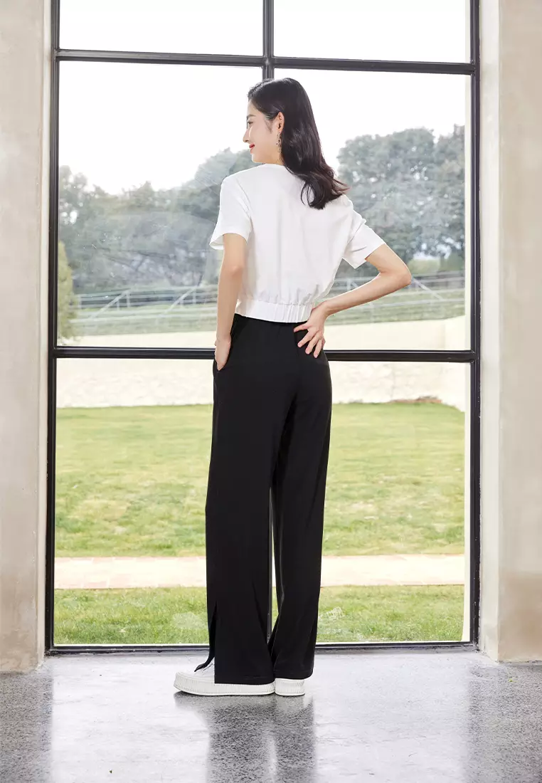 High Waist Cotton Pants with Slit Hem