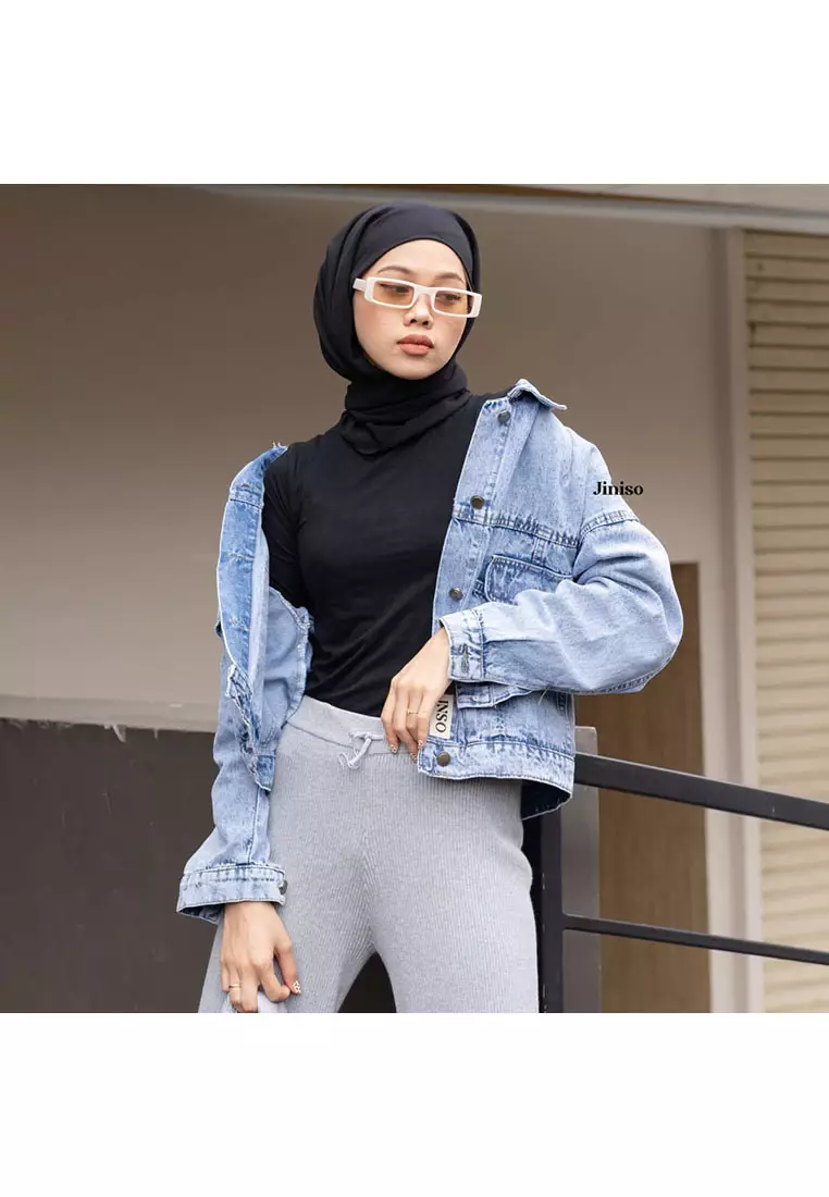 Jaket Crop Jeans Oversize Vintage Pocket Blue Acid