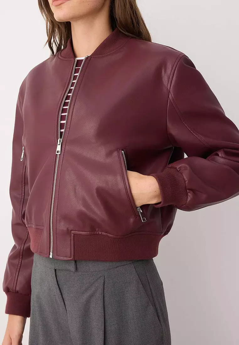 Burgundy Regular Fit Faux Leather Bomber Slim Jacket Coats