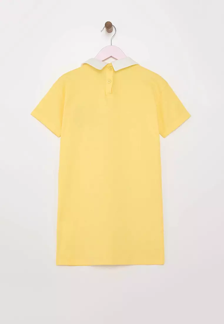 Yellow Girls 100% Cotton Embroidered Shirt Collar Short Sleeve Short Knitted Dress Tkdss25El00090