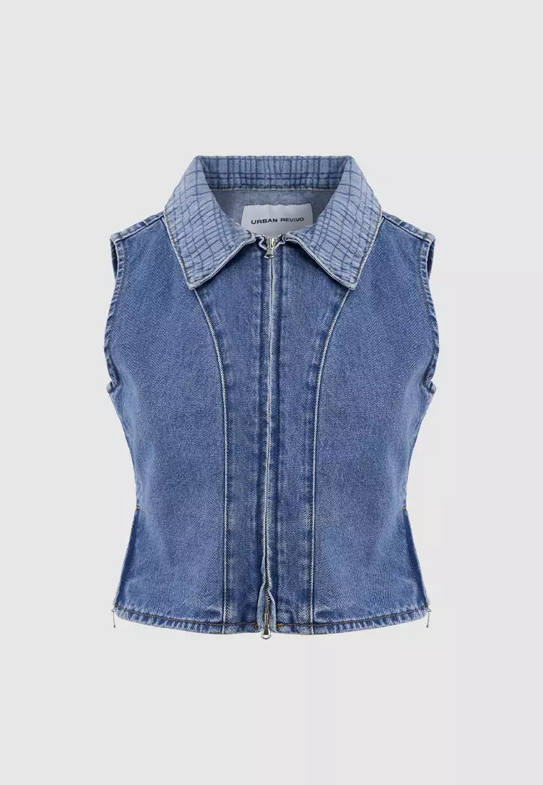Fitted Zip Up Denim Vest Sleeveless Top