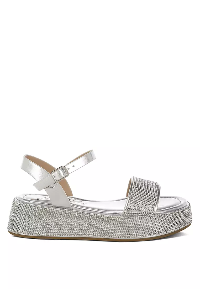 Discount on London Rag  shoes - SKU: Rhinestone Embellished Flatform Sandals in Silver