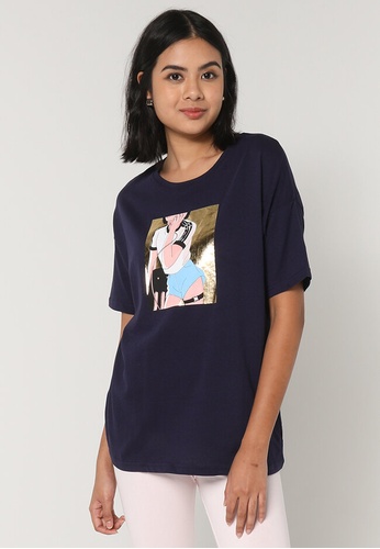 UniqTee blue Girl In Phone Crew Neck Tee 20246AAB4BD068GS_1