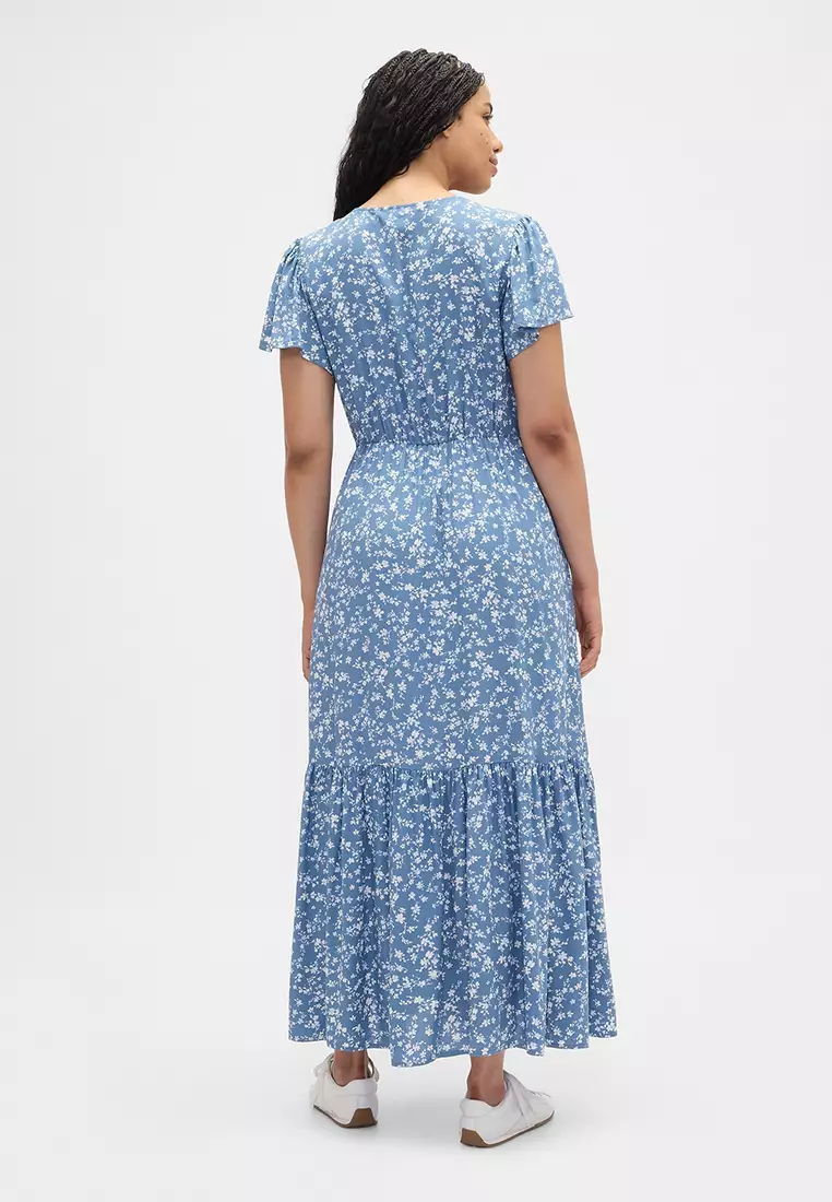 Short Sleeve V-Neck Ruched Maxi Dress