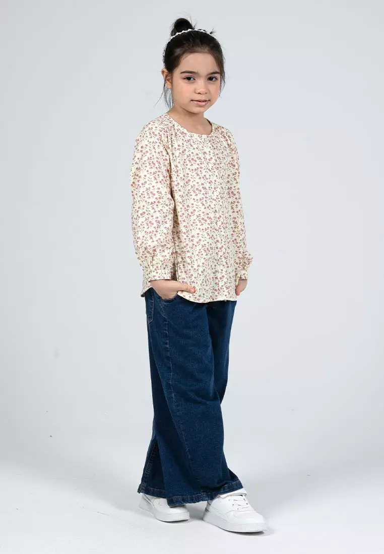 Forest Kids Girls Floral Pattern Cotton Button Blouse Woven Long Sleeve Top - FK820084-66LtYellow