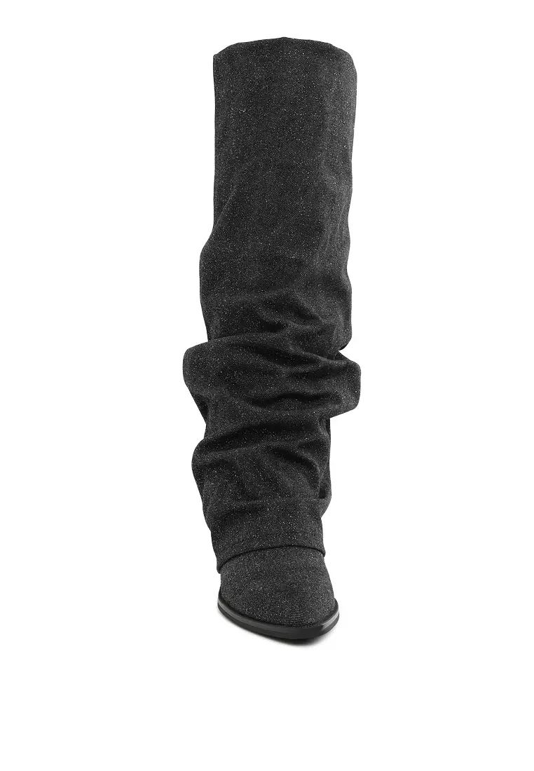 Fold-Over Slouchy Denim Boot in Black