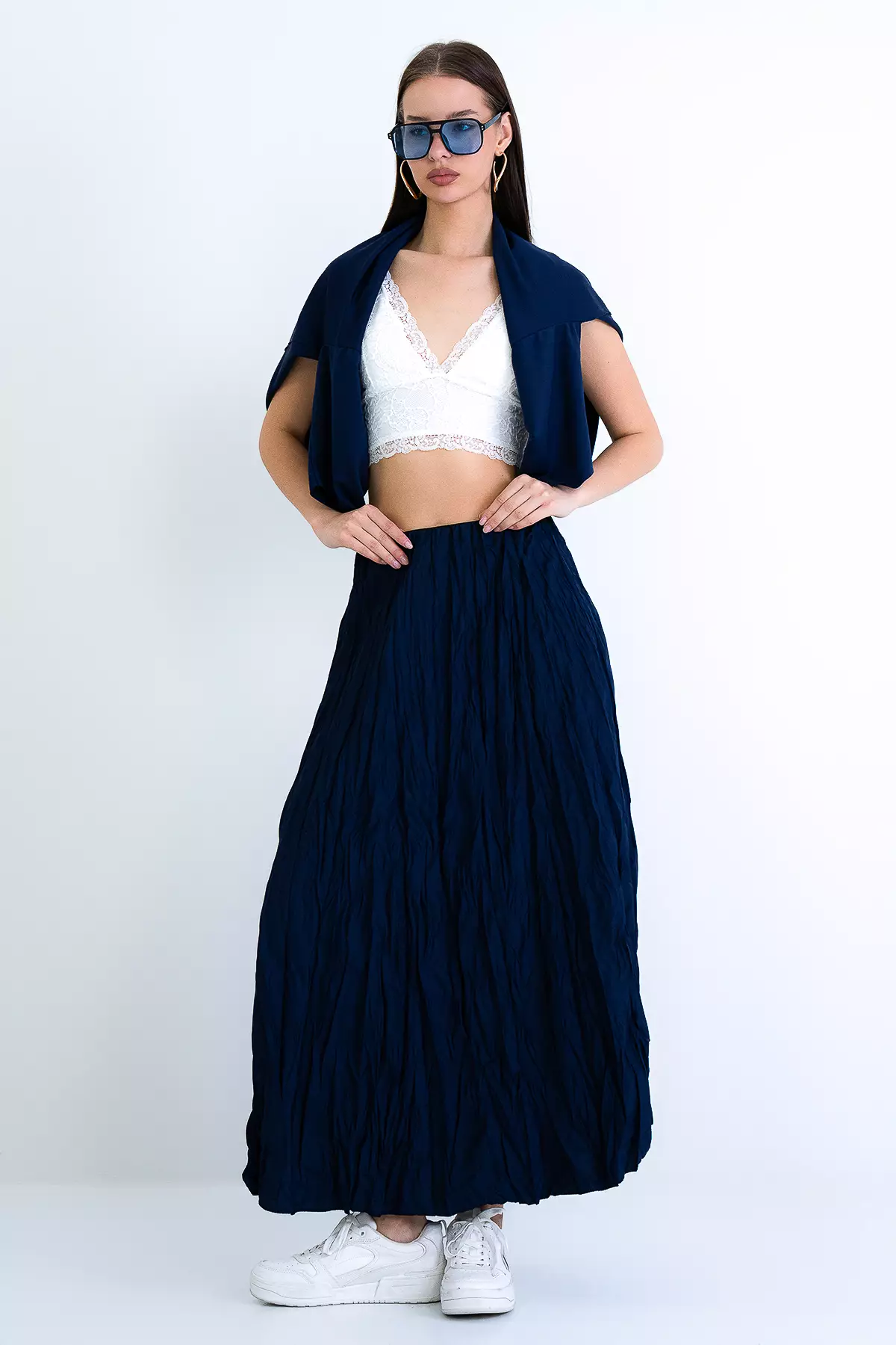 Navy Blue Soft Crush Textured Midi Skirt Alc-X15225