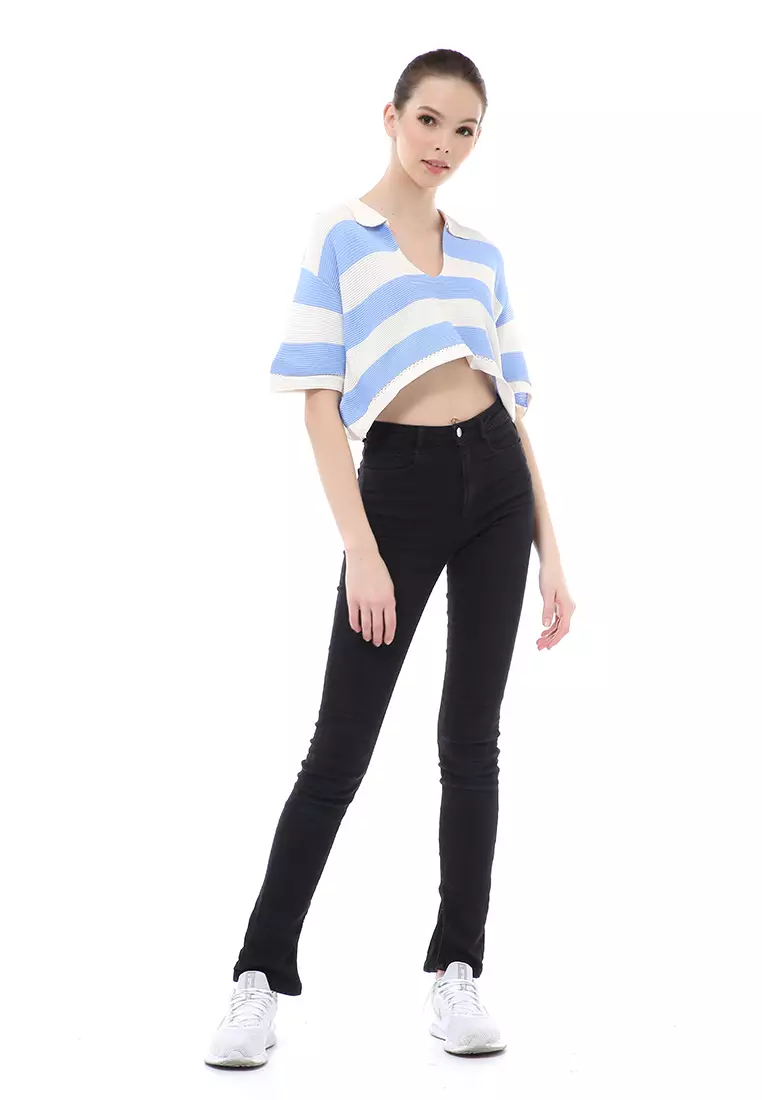 Albertine Atasan Crop Wanita Lengan Pendek Motif Salur Material Rajut ORIGINAL - Blue