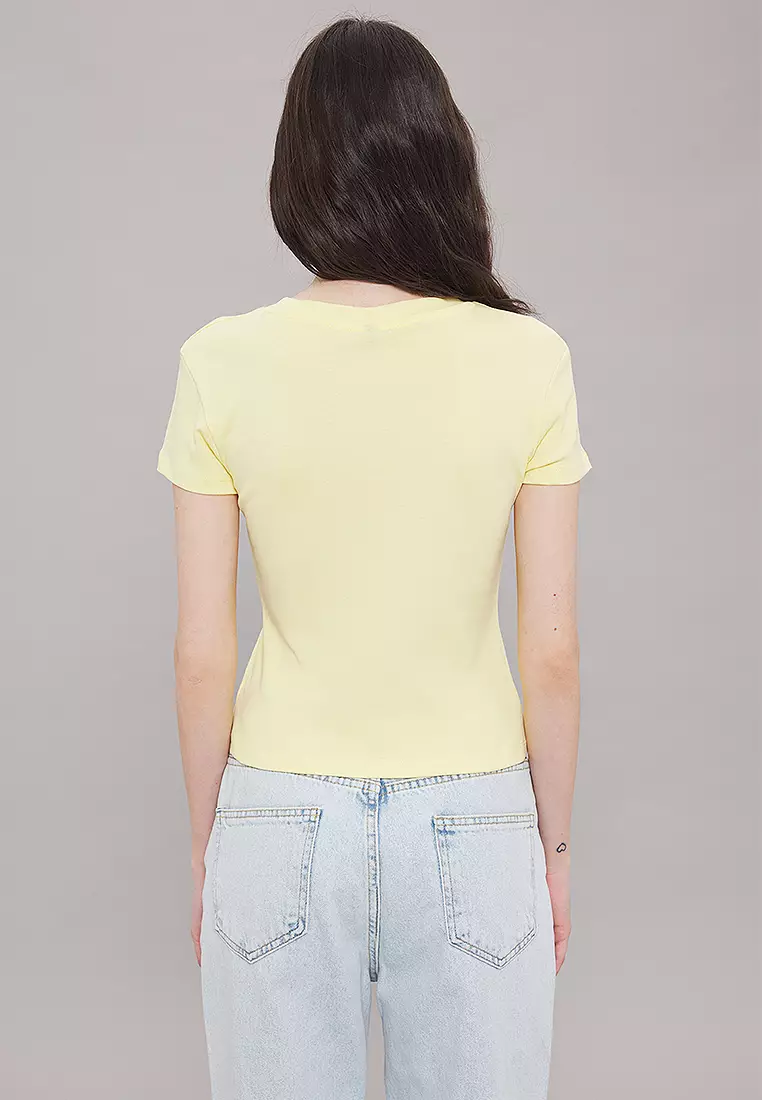 Light Yellow Rabbit Printed Fitted Knitted T-Shirt