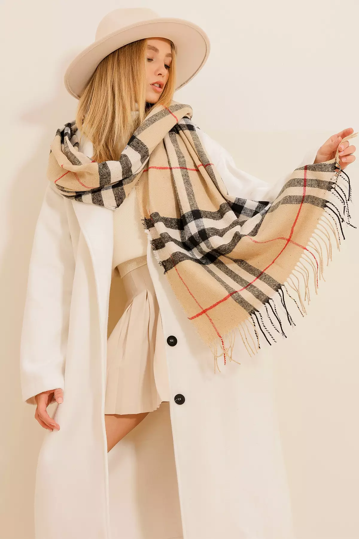 Women's Beige Checked Shawl Alc-X11152