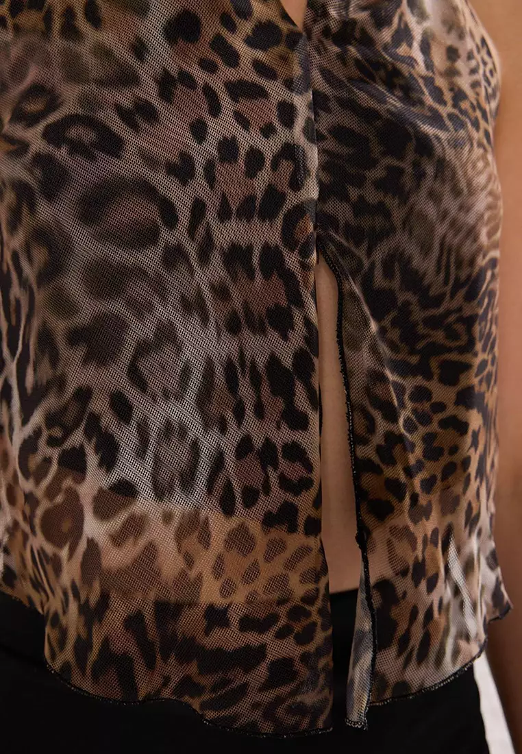 Leopard Tied Knitted Tulle Party Blouse Tprss25Bz00053