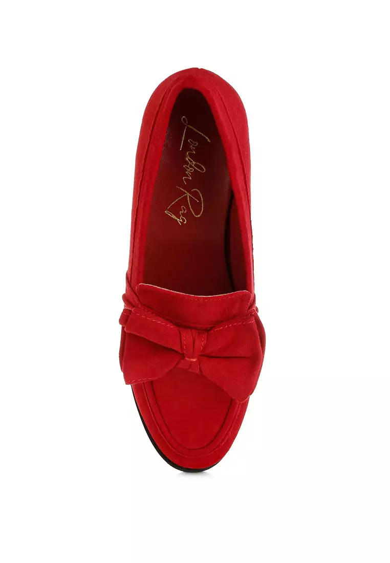 Sepatu Loafer Hak Aksen Pita Warna Merah