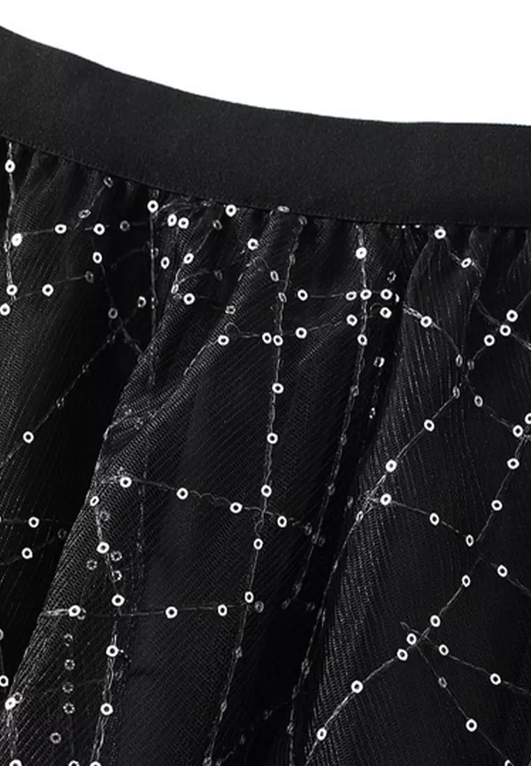 Mesh Sequin Pleated Midi Skirt AF1889