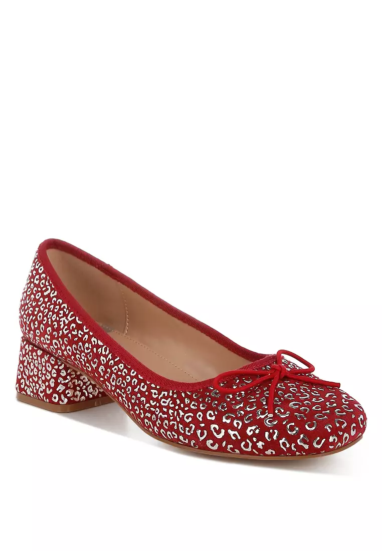 Sepatu Balerina Hak Blok Motif Macan Tutul dalam Warna Merah DK