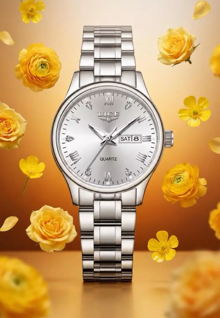 Ladies Day/Date Light Metal Alloy Quartz Watch, 29mm Diameter, Stainless Steel Bracelet