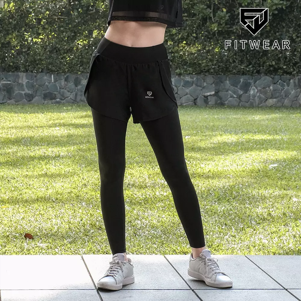 Fitwear - Celana Lari + Inner Legging Olahraga Wanita KATE LAYERED - BLACK