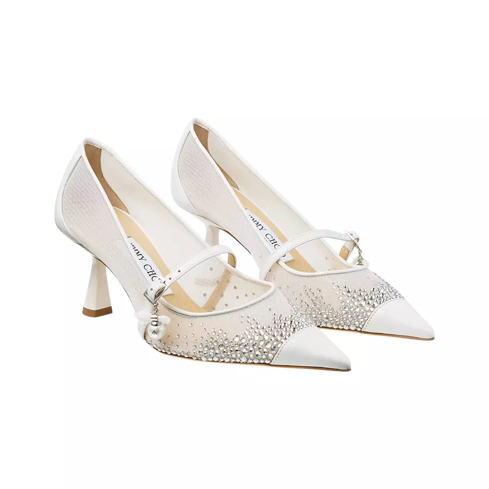 Aren 65 White Crystal Mesh Pumps with Pearl Charm
