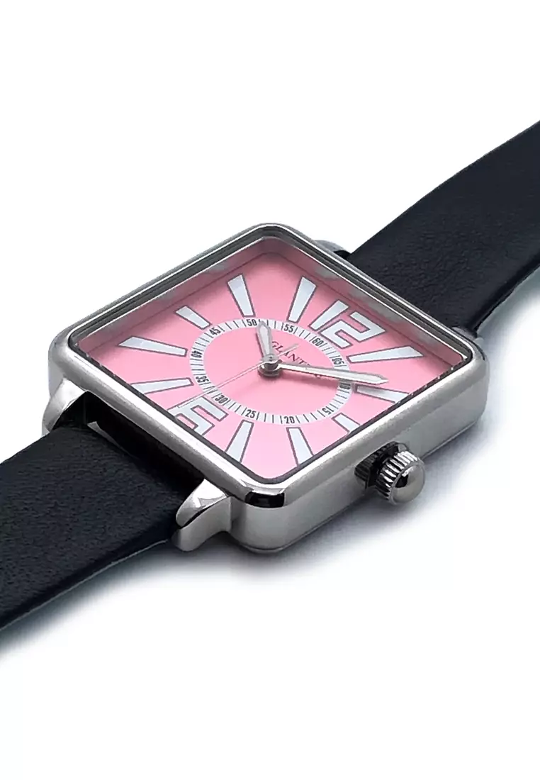 La Parisienne Steel Quartz Watch, Pink Dial on Black leather Strap