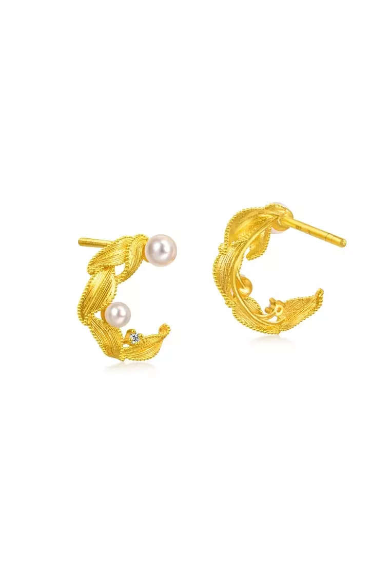 999.9 24K Pure Gold MINTYGREEN Pearl and Diamond Earrings for Women 95793E