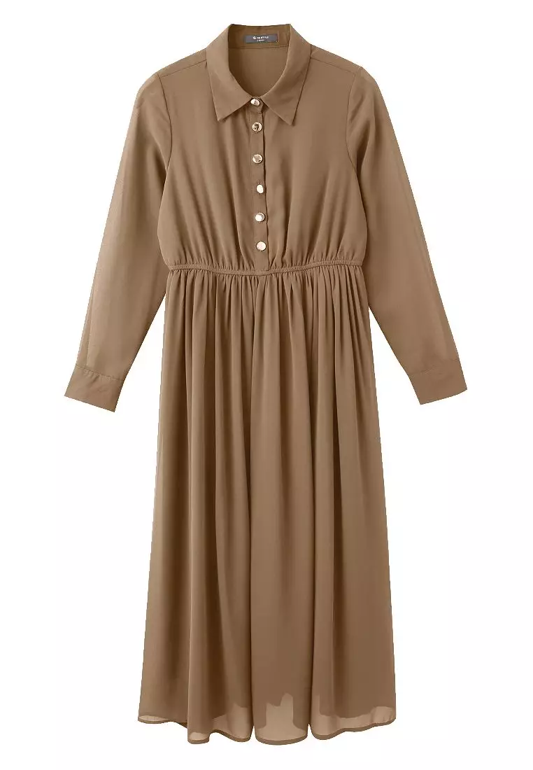 Chiffon Button-Down Shirt Collar Long Dress [DA8044]
