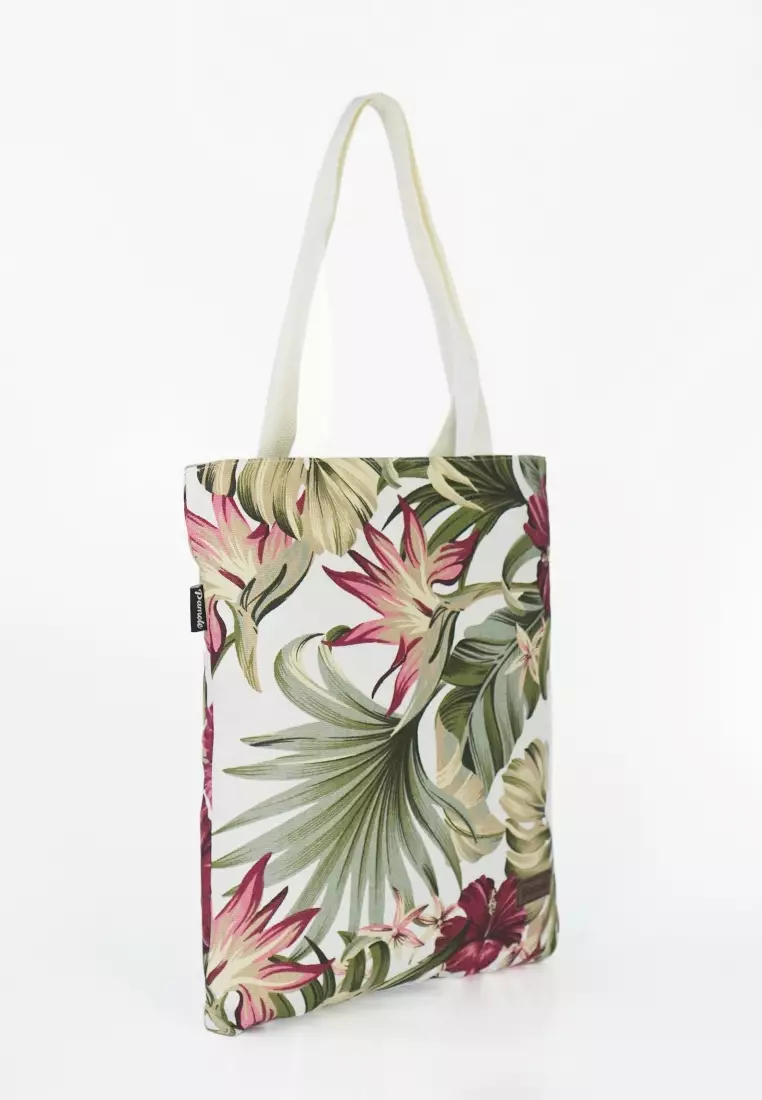 Tote Bag Wanita Tas Wanita Bahan Kanvas Penutup Resleting Motif Trop Merah