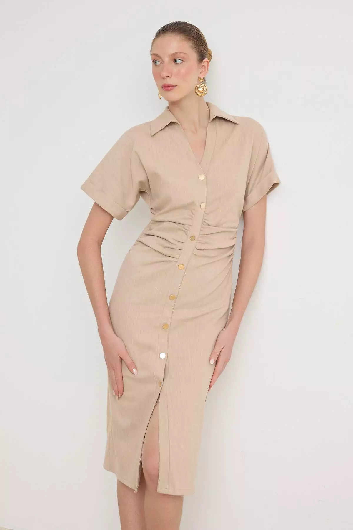 Stone Color Buttoned Midi Woven Shirt Dress Twoss26El00084
