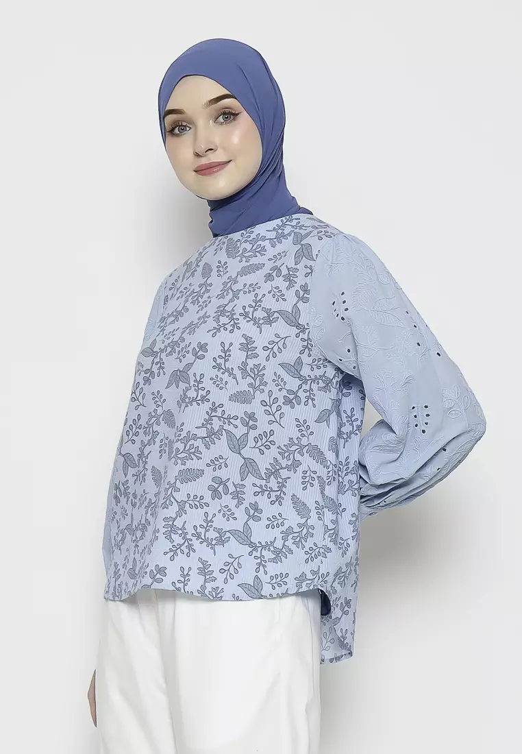 Urban Exchange Verano Blue Blouse - Atasan Blouse Printed Lengan Panjang