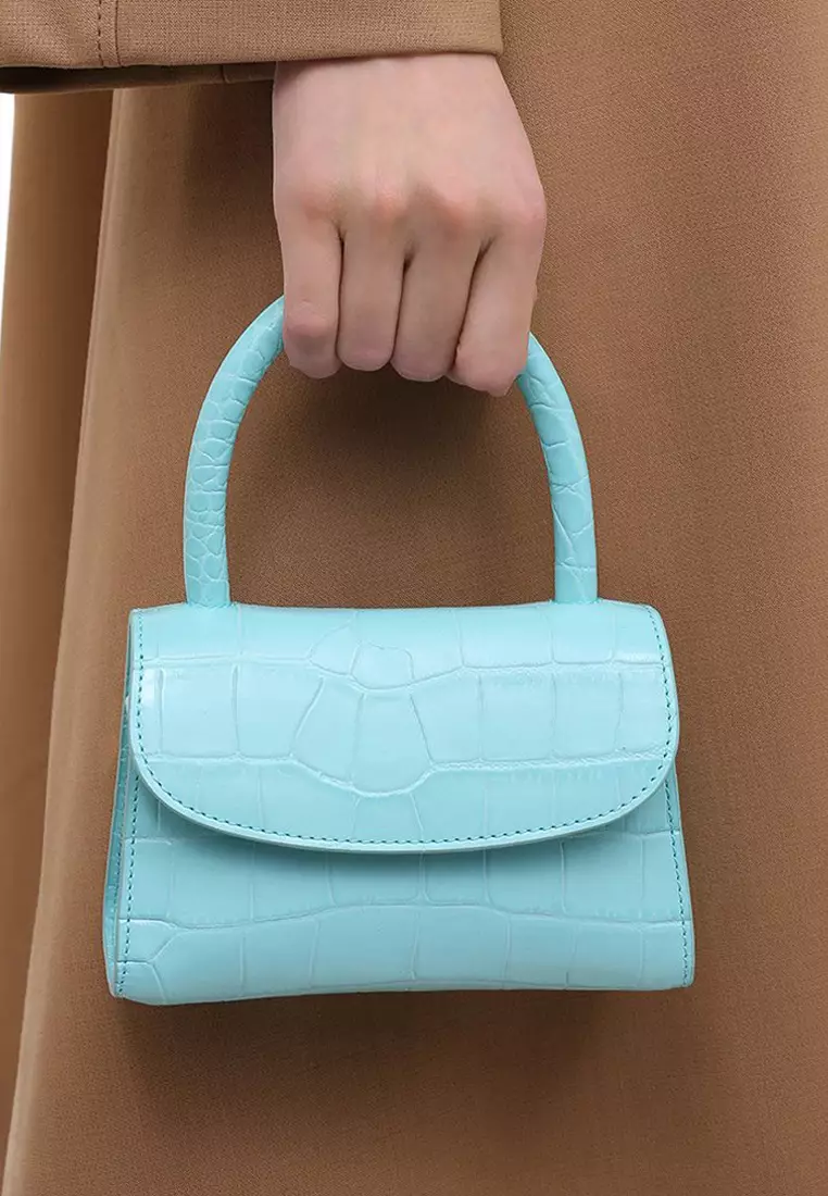 By Far Mini Croco Embossed Leather Shoulder Bag in Aqua Blue