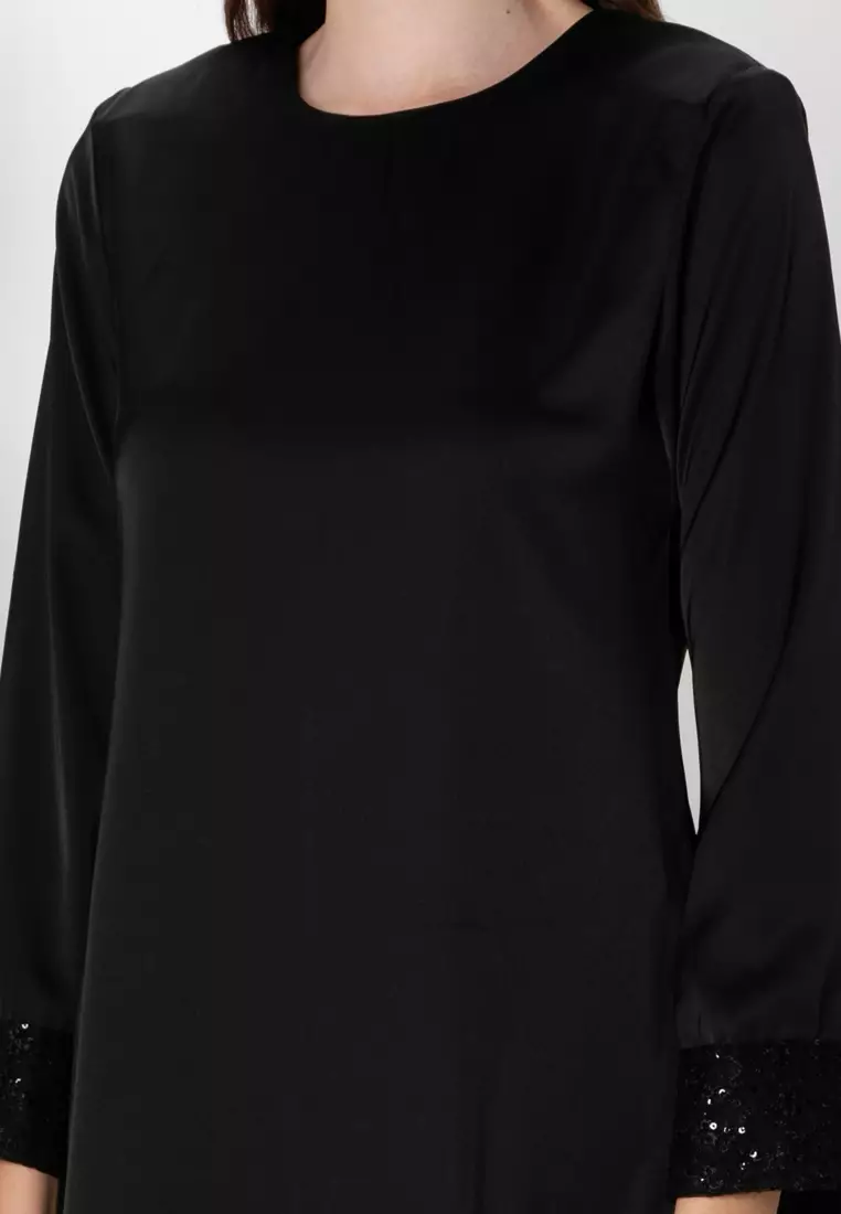 MAHARANI Lace Sequin Baju Kurung Pahang Kipas Belakang in Black