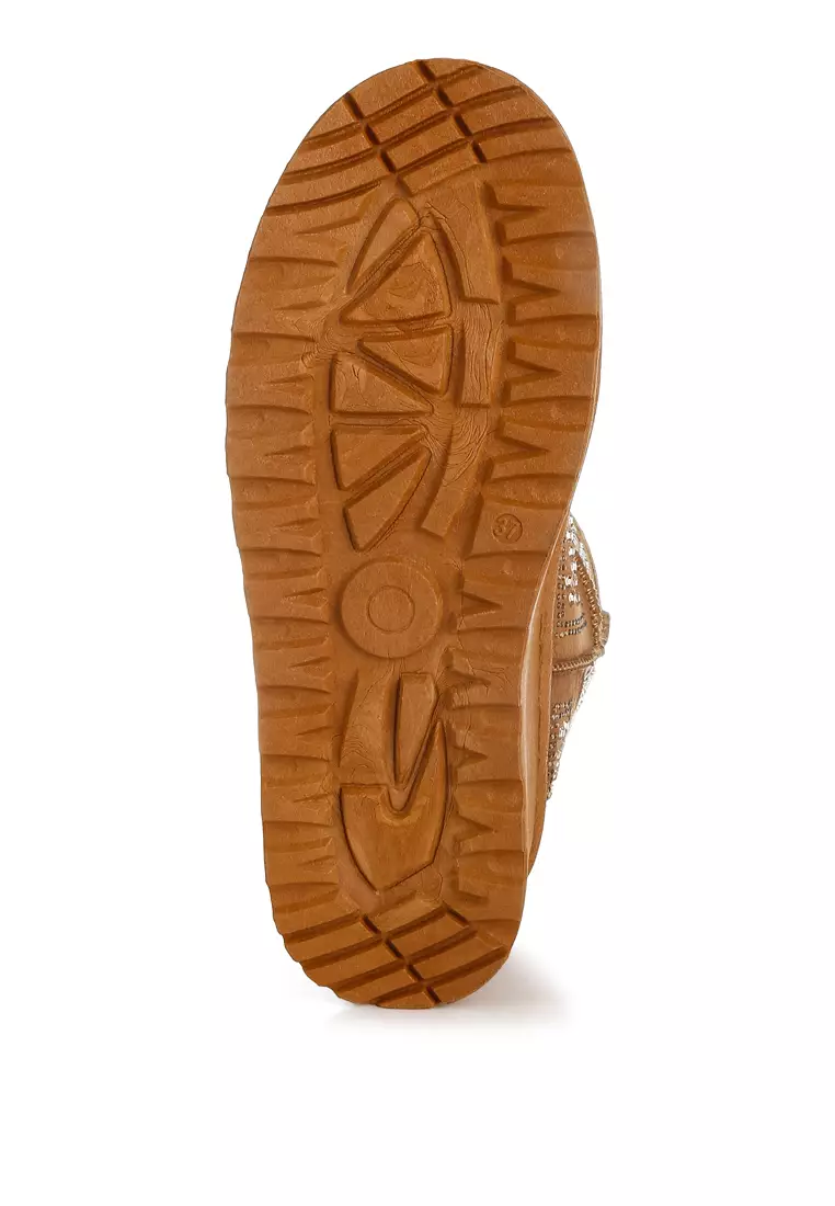 Sepatu Bot Chunky Berhias Berlian Imitasi Warna Coklat Keemasan