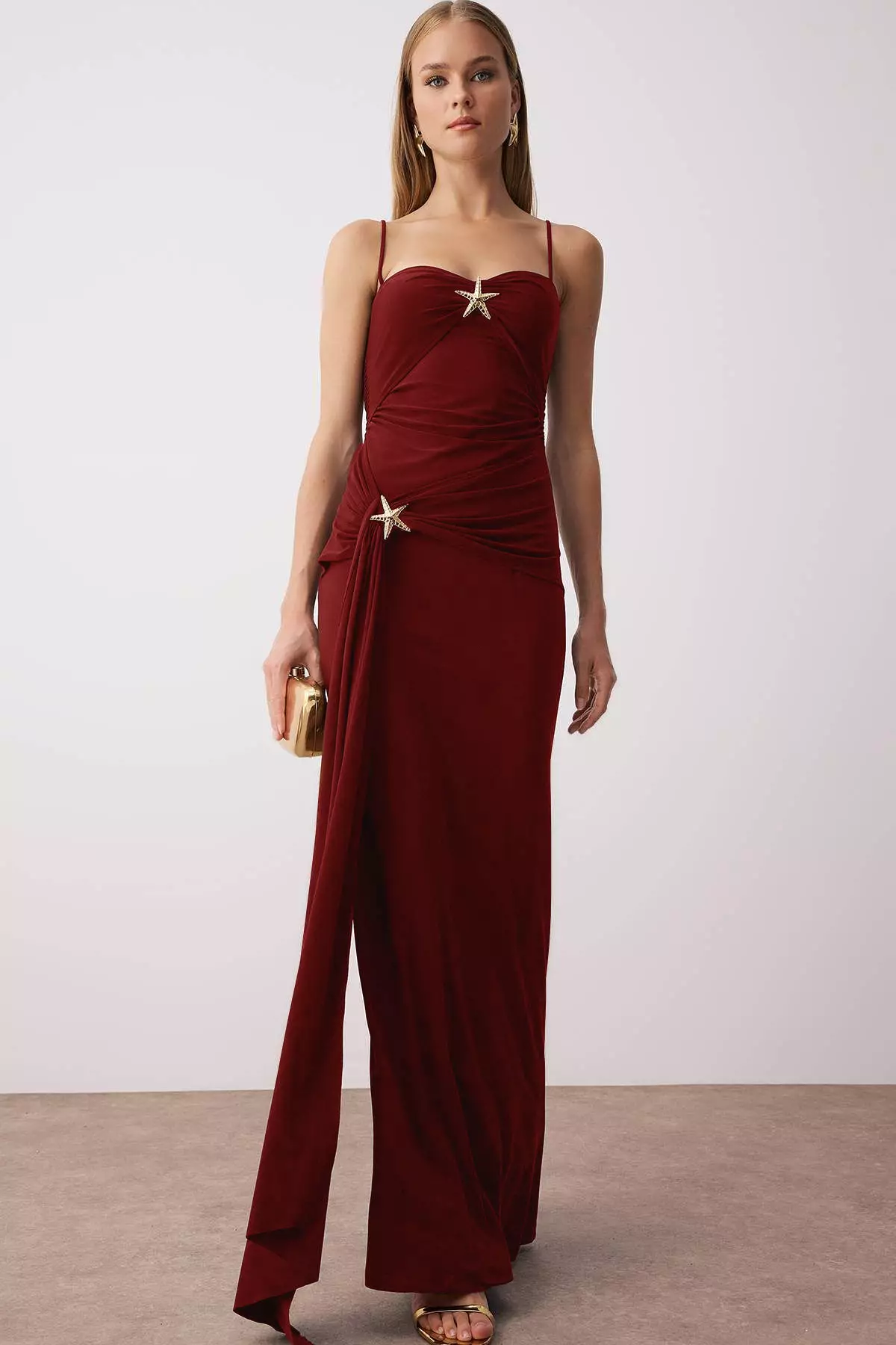 Burgundy Body-Styling Accessory Detailed Knitted Maxi Evening & Graduation Dress