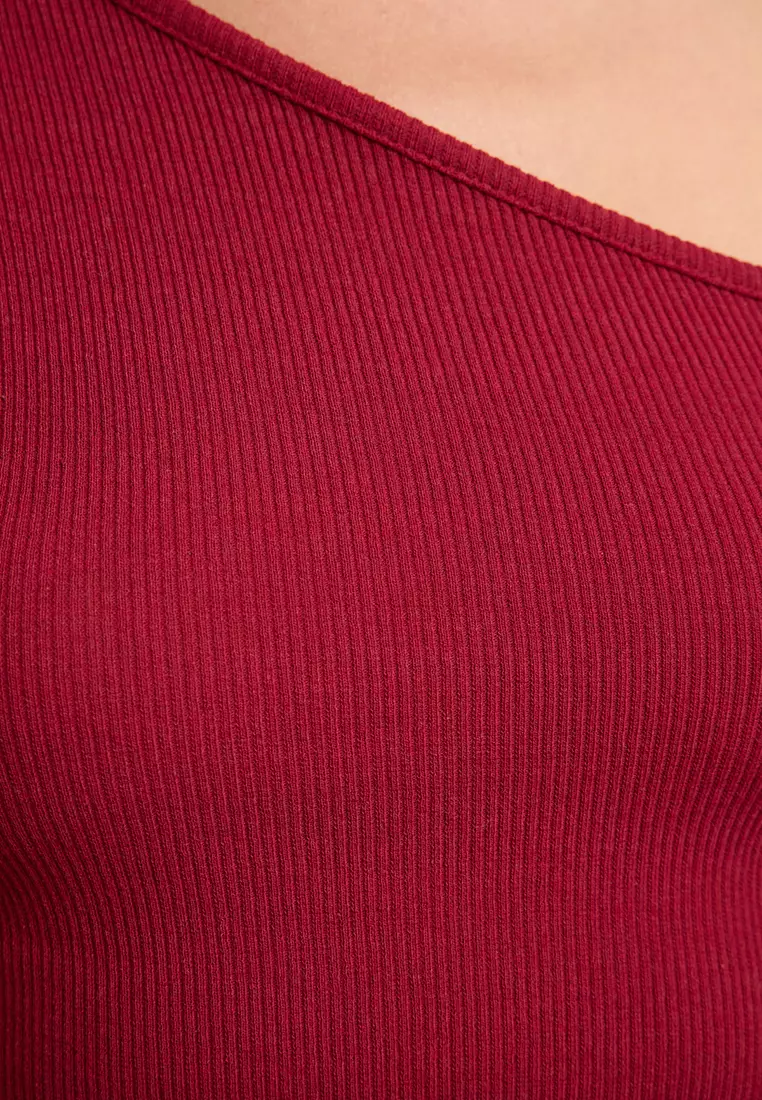 Asymmetric Collar Off The Shoulder Ribbed Burgundy Knitted Blouse
