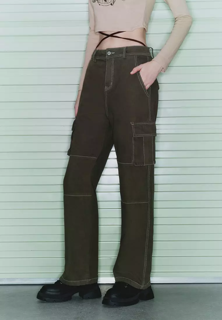 Winter   Workers Pocket  Army Green High -Waist Denim Trousers