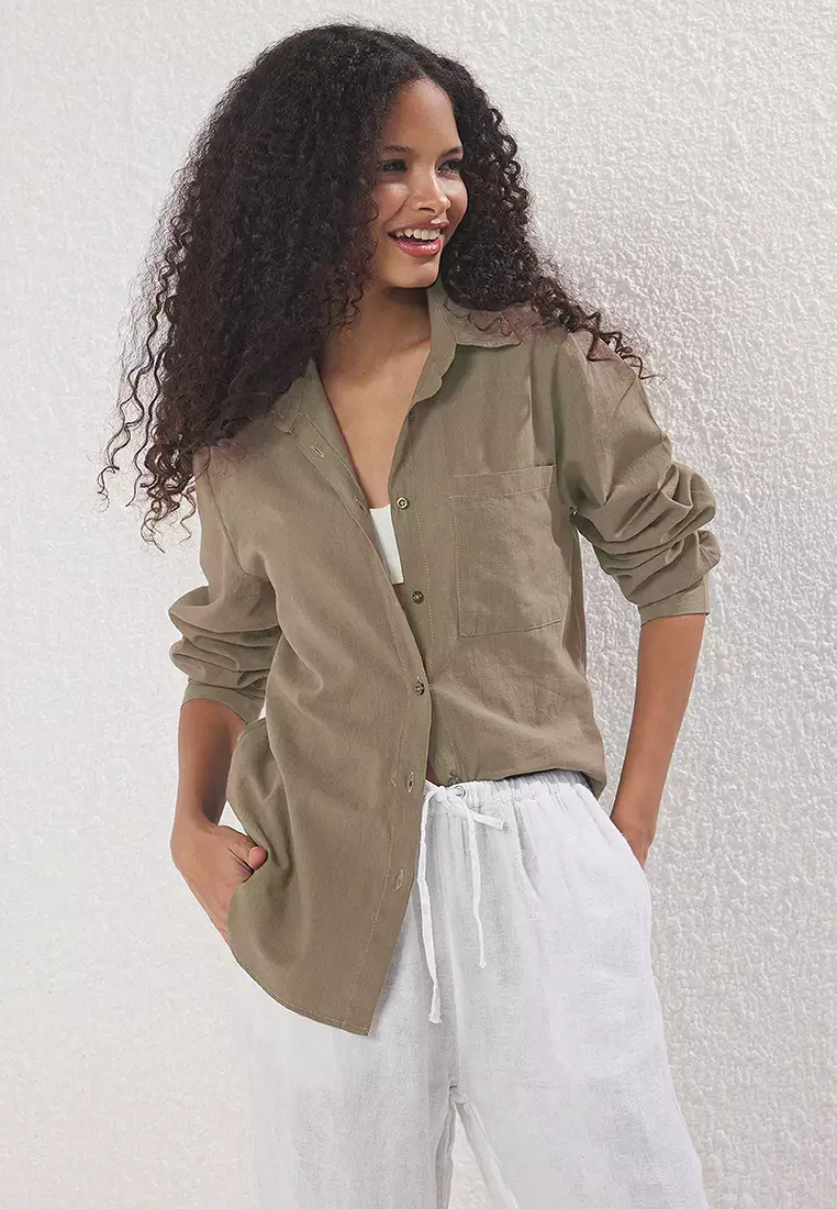Mink Cotton Blended Linen Look Oversize Wide Fit Woven Shirt Twoss25Go00096