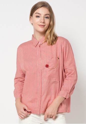 Stripe shirt with lips pin in RED