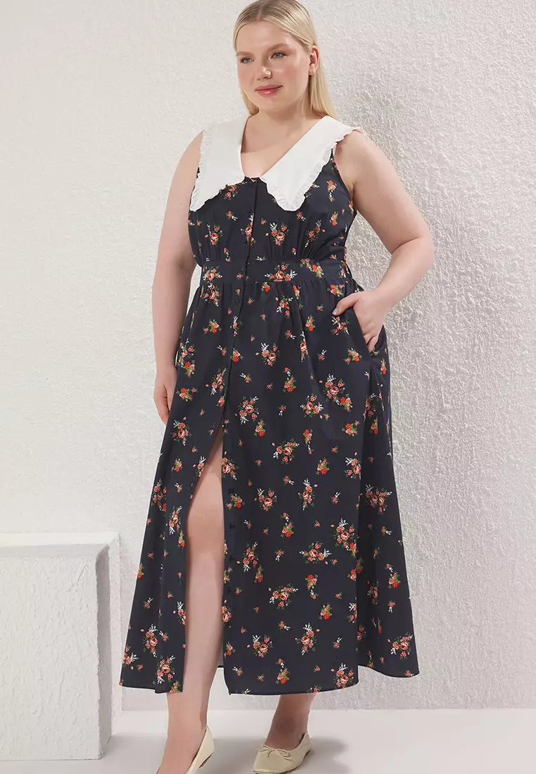 Multicolored Floral Poplin 100% Cotton Baby Collar Midi Woven Plus Size Dress TBBSS25AH00158