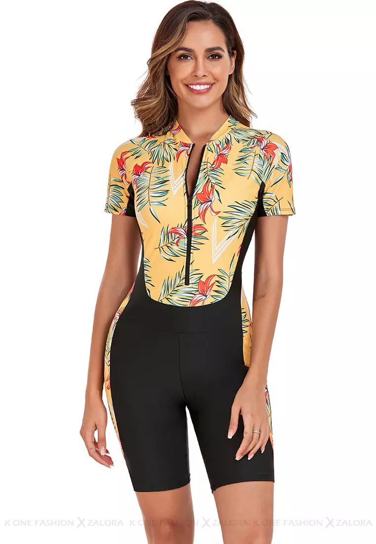 Surf Print Short Sleeve One Piece Swimsuit