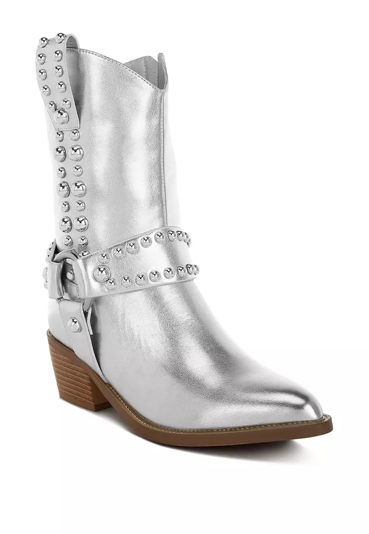 Studded Harness Detail Boots in Silver