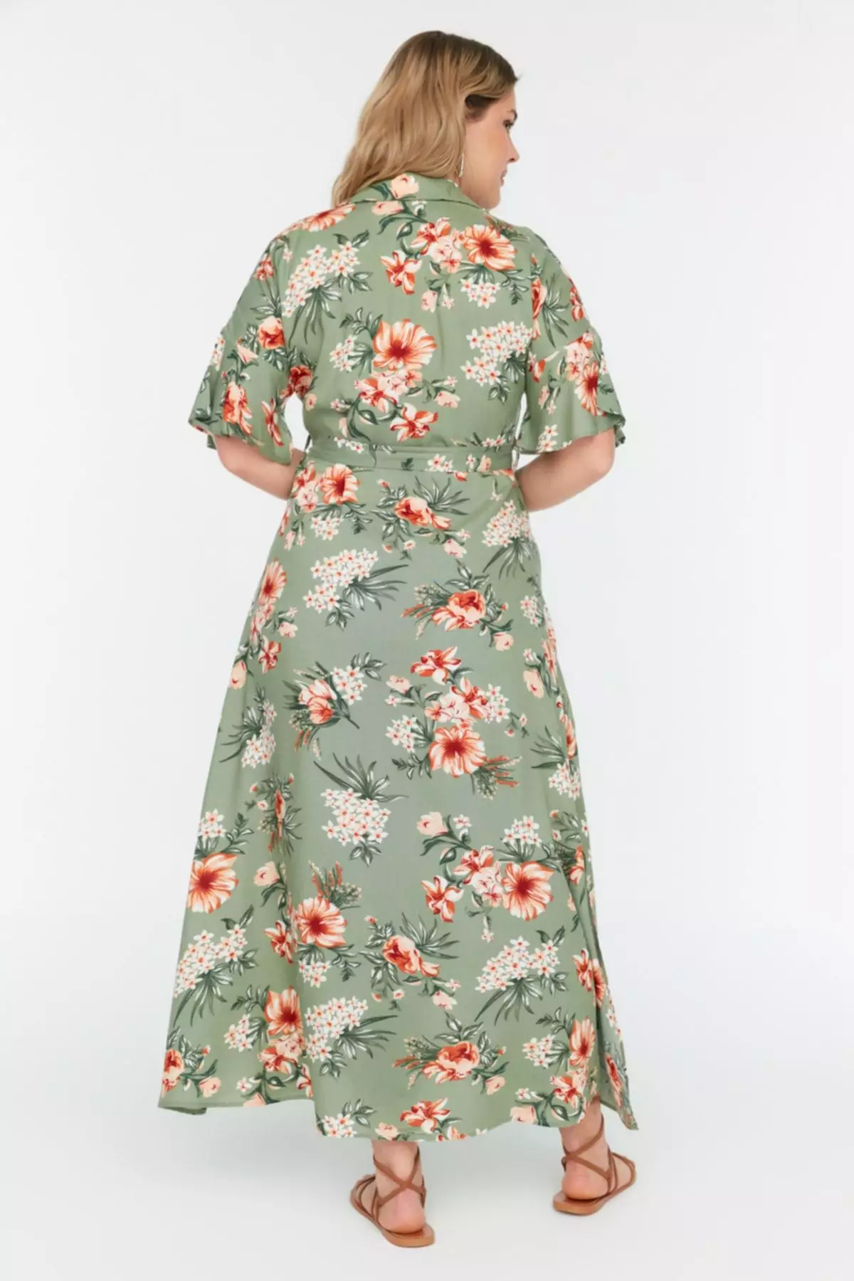 Green Floral Woven Slit Shirt Dress TBBSS22EL1596