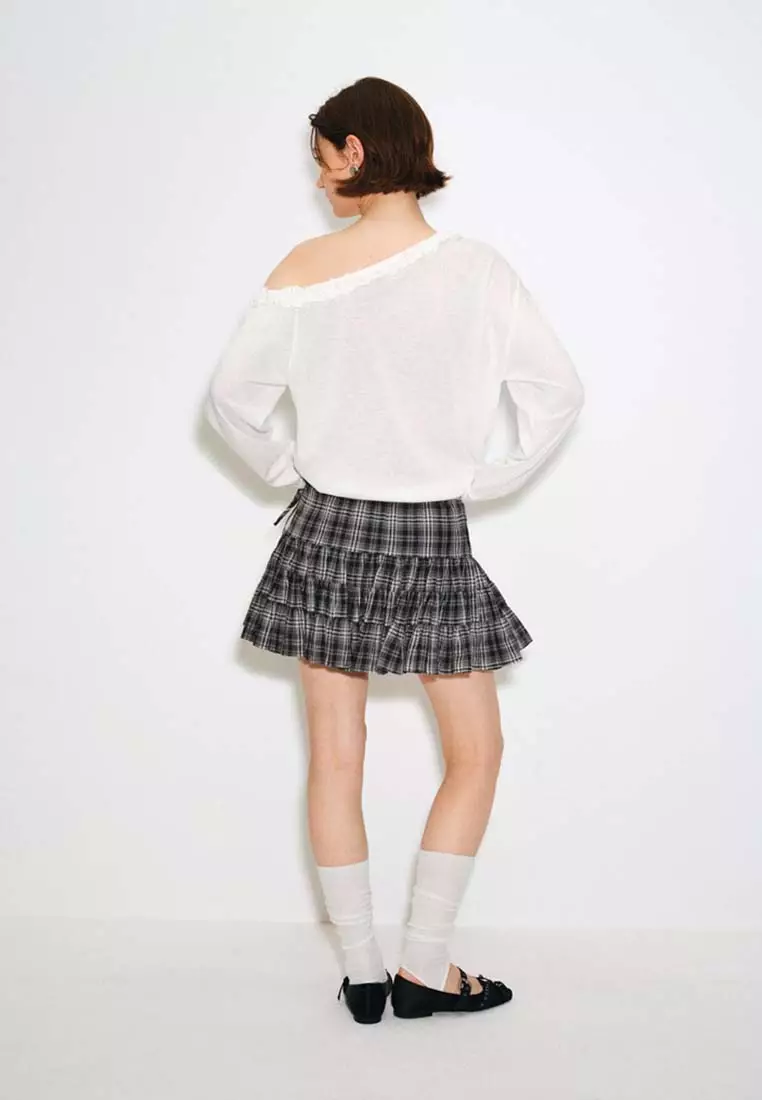 Drawstring Tie Side Plaid Layered Ruffle Cotton Mini Skirt
